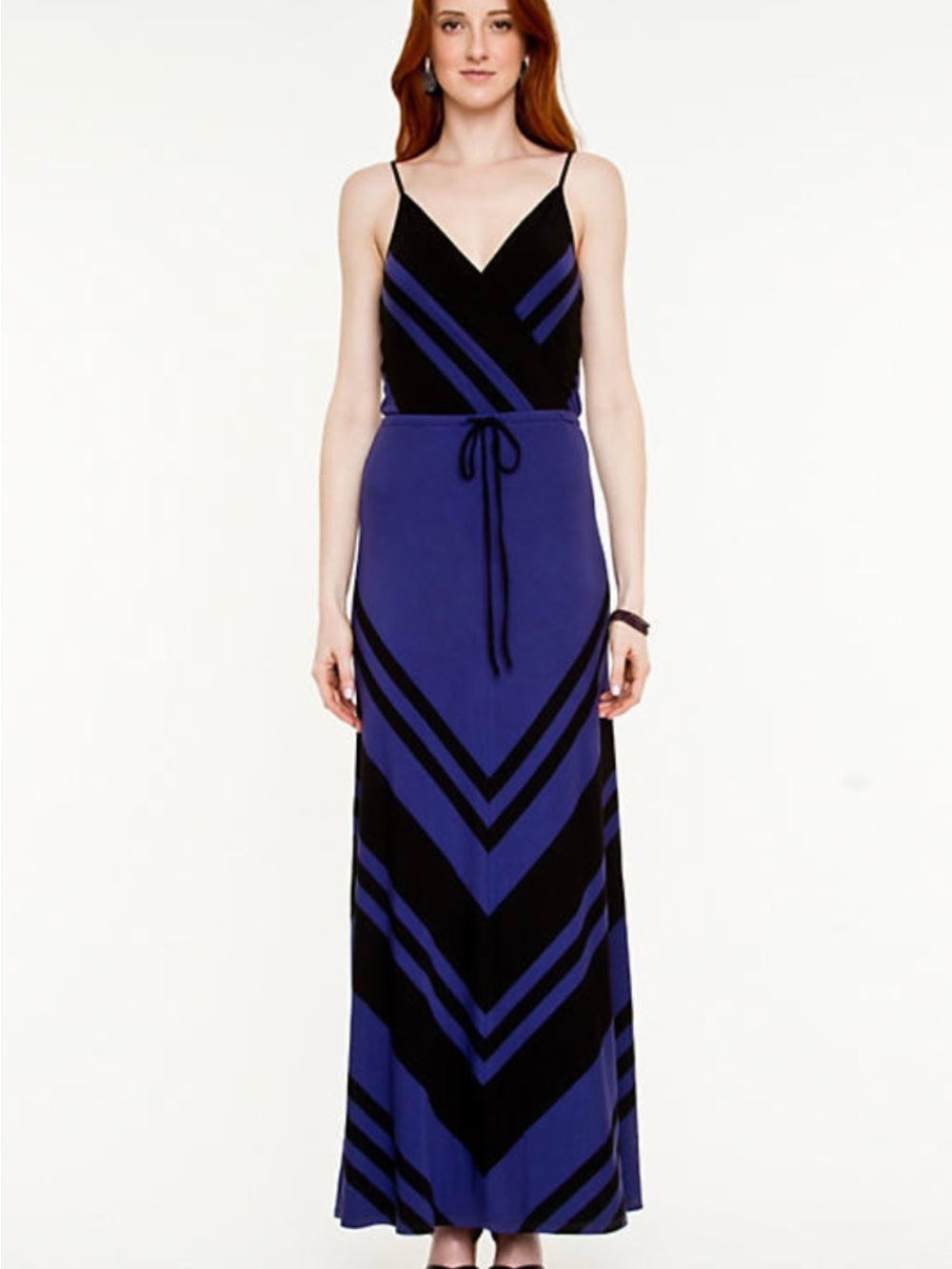 Le Chateau Blue and Black Chevron V-Neck Summer Maxi Dress Size small